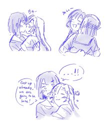  ...! 2girls :3 :d ^_^ anyoji_hime anyoji_hime_(summer_loungewear) blue_theme blunt_bangs blunt_ends blush blush_visible_through_hair bob_cut closed_eyes commentary english_commentary english_text flower_symbol highres hug kiss long_hair love_live! love_live!_hasu_no_sora_jogakuin_school_idol_club mizoe momose_ginko monochrome multiple_girls open_mouth short_hair smile speech_bubble virtual_youtuber yuri 