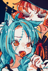  1girl 2girls 99_yen_(tsubura) ahoge animal_ear_fluff animal_ear_piercing animal_ears artist_name behind_another blue_hair blue_nails braid candy cat_ears cat_girl commentary dot_nose eyeshadow fang food halloween hat highres holding holding_candy holding_food holding_lollipop lollipop long_hair looking_at_another looking_back low_twin_braids makeup multicolored_hair multiple_girls neck_ribbon nose open_mouth orange_eyes orange_hair orange_nails orange_ribbon orange_streaks original pumpkin ribbon stitched_face stitches streaked_hair twin_braids two-tone_hair witch witch_hat 