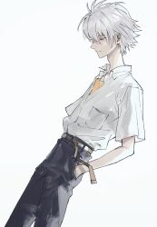  1boy adam's_apple closed_mouth dress_shirt from_side grey_hair hand_in_pocket highres himo_(himodayoo) male_focus nagisa_kaworu neon_genesis_evangelion red_eyes school_uniform shirt shirt_tucked_in short_hair simple_background solo suit_pants tokyo-3_middle_school_uniform undershirt white_background 