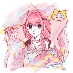  1girl :3 ahoge animal bare_shoulders belt black_belt black_bow black_ribbon border bow bow_choker bowtie bra_strap brown_eyes cat choker closed_mouth clothed_animal cropped_torso ear_covers flower flower_symbol frilled_shirt frills grey_shirt hair_bow hair_ribbon happy hexagram high-waist_belt hood hood_up infinity_nikki jewelry lingyequan long_hair long_sleeves lotus low_twintails momo_(nikki) necklace nikki_(nikki) nikki_(series) off-shoulder_shirt off_shoulder outside_border perfect_start_(infinity_nikki) pink_background pink_bow pink_bowtie pink_choker pink_flower pink_hair polka_dot polka_dot_background red_bow red_bowtie ribbon shirt sidelocks smile solid_eyes star_(symbol) star_necklace traditional_bowtie tress_ribbon twintails wavy_hair whiskers white_border white_cat yellow_hood 