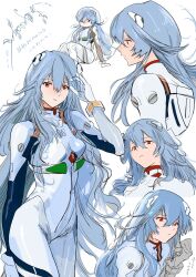  1girl ayanami_rei blue_hair bodysuit breasts closed_mouth commentary_request cropped_legs hair_between_eyes highres interface_headset_(evangelion) long_hair looking_at_viewer mecha_pilot_suit medium_breasts multiple_views neon_genesis_evangelion plugsuit_(evangelion) portrait red_eyes simple_background solo soraaaa53 white_background white_bodysuit 