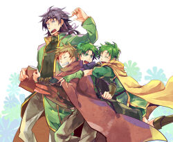  4boys book brown_cloak cape chad_(fire_emblem) cloak closed_eyes coat commentary_request fingerless_gloves fire_emblem fire_emblem:_the_binding_blade gloves green_coat green_gloves grin holding holding_book hug hug_from_behind hugh_(fire_emblem) ishiwari looking_at_another lugh_(fire_emblem) male_focus multiple_boys open_mouth purple_cape raigh_(fire_emblem) smile yellow_cape 