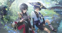  1boy 1girl anemo_symbol_(genshin_impact) antenna_hair aqua_gem armor arms_at_sides bandaged_arm bandaged_shoulder bandages belt bishounen black_belt black_bodysuit black_bow black_bridal_gauntlets black_eyes black_hair black_kimono black_sandals black_shorts blue_cape blue_kimono blue_sleeves blunt_ends bodysuit bow bridal_gauntlets bright_pupils cape character_request closed_mouth clothing_cutout commentary_request commission couple covered_collarbone eyeliner feathers flower furisode gem genshin_impact glint gold gold_ring grass hair_between_eyes hakama hakama_shorts hat hetero highres hip_vent japanese_armor japanese_clothes jingasa juban kimono korean_commentary kote kurokote layered_sleeves leg_warmers looking_at_another looking_at_viewer makeup mandarin_collar middle_ring mole mole_under_mouth oc_x_canon open_clothes open_kimono open_mouth original outdoors pink_lips plant pleated_shorts pom_pom_(clothes) purple_flower purple_hat purple_rope purple_sash red_eyeliner red_kimono rimless_eyewear rope round_eyewear sandals sash scaramouche_(genshin_impact) second-party_source short_hair short_sleeves shorts shoulder_peek side_cape single_off_shoulder single_sode sitting stirrup_legwear tassel toeless_legwear toes tree tsurime vines violet_eyes wanderer_(genshin_impact) white_kimono white_leg_warmers white_mouth white_pupils white_sleeves white_trim wispy_bangs xbbxbx0 yellow_feathers zouri 