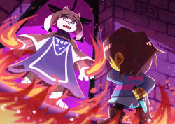  1girl 1other absurdres androgynous animal_ears arm_behind_back barefoot black_eyes blue_shorts boots bright_pupils brown_boots brown_hair colored_skin commentary_request delta_rune_(symbol) fangs fire frisk_(undertale) furry furry_female highres holding holding_behind_back holding_knife holding_knife_behind_back horns knife long_sleeves looking_at_another open_mouth pyrokinesis scene_reference short_hair shorts skin_fangs toriel undertale utdr_(toby_fox) watawata22 white_pupils yellow_skin 