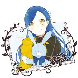  1girl black_dress blue_hair book braid braided_bangs cape closed_mouth commentary_request dress flower hair_flower hair_ornament honzuki_no_gekokujou long_hair looking_at_viewer meehituzi myne_(honzuki_no_gekokujou) neck_ribbon ribbon smile solo stuffed_animal stuffed_rabbit stuffed_toy swept_bangs twitter_username upper_body white_background yellow_cape yellow_ribbon 