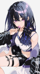  1girl bare_shoulders black_hair black_jacket black_shorts blue_hair breasts candy commentary cropped_shirt denim denim_shorts food food_in_mouth hair_ornament hairclip highres holding holding_candy holding_food holding_lollipop ichinose_uruha ichinose_uruha_(8th_costume) jacket jacket_partially_removed lollipop lollipop_in_mouth long_hair looking_at_viewer medium_breasts midriff multicolored_hair navel o-ring o-ring_thigh_strap off_shoulder open_clothes open_jacket parallel_hairclips senmu_(senmudayo) shirt short_shorts shorts simple_background sitting sleeveless sleeveless_shirt solo striped_clothes striped_jacket thigh_strap twitter_username untranslatable_commentary violet_eyes virtual_youtuber vspo! white_background white_shirt 