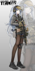  1girl alternate_costume artist_name assault_rifle baseball_cap black_shoes blue_hair brown_hat brown_pantyhose bulletproof_vest closed_mouth commentary_request copyright_name cross_hair_ornament denim denim_shorts detached_magazine_(weapon) ear_protection eotech escape_from_tarkov expressionless facial_mark flashlight girls_frontline glock gloves gradient_background green_eyes grey_background grey_hoodie gun h&amp;k_hk416 hair_ornament handgun hat headphones highres hk416_(girls'_frontline) holster hood hoodie knee_pads kuroinu9 long_hair looking_at_viewer magazine_(weapon) pantyhose ponytail pouch rifle shoes short_shorts shorts sidelocks sight_magnifier simple_background single_knee_pad sneakers tactical_clothes tattoo teardrop_facial_mark teardrop_tattoo trigger_discipline twitter_username weapon zoom_layer 
