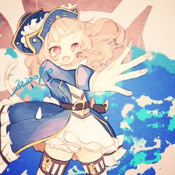  1girl 2020 anchor_ornament belt blonde_hair captain_grace commentary_request earrings frilled_skirt frills hat highres jewelry long_hair magical_girl mahou_shoujo_ikusei_keikaku mahou_shoujo_ikusei_keikaku_limited ocnccncn open_mouth pirate_costume pirate_hat red_eyes skirt tail thigh-highs white_skirt 