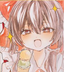  +_+ 1girl :d bow brown_hair commentary_request food frilled_bow frilled_hair_tubes frills hair_between_eyes hair_bow hair_tubes hakurei_reimu hayuk0 highres holding holding_ice_cream_cone ice_cream ice_cream_cone long_hair looking_at_viewer multiple_scoops red_bow red_eyes shikishi smile solo touhou traditional_media 