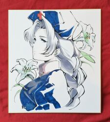  1girl blue_dress blue_eyes blue_hat commentary_request dress flower from_side grey_hair hat highres lily_(flower) long_hair looking_to_the_side nurse_cap parted_bangs shikishi solo touhou traditional_media tsubameyado upper_body white_flower yagokoro_eirin 