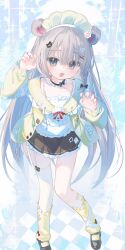  1girl absurdres animal_ears apron bandaid black_bow black_choker black_shoes black_skirt blue_eyes bow cat_hair_ornament choker commentary_request detached_sleeves frilled_choker frilled_hairband frilled_skirt frilled_socks frills full_body garter_straps grey_hair hair_between_eyes hair_bow hair_ornament hairband hairclip heart heart_hair_ornament highres long_hair long_sleeves looking_at_viewer loose_socks maid_apron mouse_ears open_mouth original paw_pose paw_print red_bow shoes skirt socks solo standing star_(symbol) thigh-highs very_long_hair white_hairband white_thighhighs yellow_socks youmeng33 