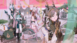  1girl 2boys :d absurdres ankle_boots aqua_hair aqua_horns aqua_streaks arknights black_horns blush boots brown_hands closed_mouth coat colored_extremities commentary_request creature dragon_bean_(arknights) dragon_boy dragon_girl dragon_horns dragon_tail eastern_dragon_horns eastern_dragon_tail full_body green_hands hair_between_eyes hand_up highres holding holding_creature horns ji_(arknights) legs long_sleeves looking_at_animal making-of_available maria_(syake-uni) mole mole_under_eye multicolored_hair multicolored_horns multiple_boys navel nian_(arknights) open_mouth outdoors pointy_ears red_hands red_horns short_shorts shorts smile standing stomach streaked_hair tail teeth tree two-tone_hair two-tone_horns white_boots white_coat white_hair white_horns white_shorts yellow_eyes yellow_horns yi_(arknights) 