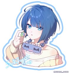  1girl absurdres blue_border blue_eyes blue_hair blush border cardigan close-up commentary cookie english_text eye_mask food happy_birthday highres holding holding_cookie holding_food iced_cookie kiritani_haruka looking_at_viewer mask off_shoulder open_mouth pajamas project_sekai short_hair sigma_1023 simple_background sticker_(artwork) sweater untranslatable_commentary upper_body watermark white_background yellow_sweater 