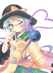  1girl ;) atory black_hat blush bow closed_mouth commentary_request disembodied_linked_eye frilled_sleeves frills green_eyes green_hair hat hat_bow heart heart_of_string highres komeiji_koishi long_sleeves looking_at_viewer one_eye_closed shirt short_hair simple_background smile solo touhou upper_body white_background wide_sleeves yellow_bow yellow_shirt 