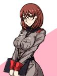  belt black_beat blush breast_squeeze breasts brown_eyes brown_hair gundam gundam_lost_war_chronicles impossible_clothes impossible_clothing impossible_shirt large_breasts military military_uniform noel_anderson shirt solo uniform v_arms 
