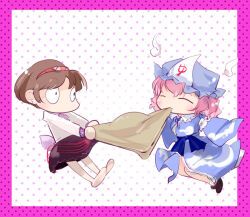  2girls black_skirt blue_bow blue_hat blue_kimono blush bow brown_hair closed_eyes commentary_request eating full_body ghost glutton hairband hat japanese_clothes kimono long_sleeves looking_at_another mob_cap multiple_girls pink_hair pink_hairband polka_dot polka_dot_background pulling saigyouji_yuyuko shirt short_hair skirt touhou triangular_headpiece tsukumo_yatsuhashi uriah-oyu waist_bow white_shirt wide-eyed 