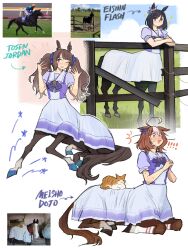  absurdres ahoge akiko_(vakiko6) animal animal_on_back blush broken_fence cat centaur eishin_flash_(racehorse) eishin_flash_(umamusume) fingernails hair_ornament highres horse horse_girl horse_tail meisho_doto_(racehorse) meisho_doto_(umamusume) meto_(cat) proud reference_inset school_uniform surprised sweat tail taur tosen_jordan_(racehorse) tosen_jordan_(umamusume) tracen_school_uniform umamusume 