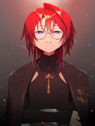  1girl ange_katrina ange_katrina_(9th_costume) black_coat black_shirt blue_eyes coat coat_on_shoulders collared_shirt commentary_request eyewear_strap glasses gold_necklace gradient_background grey_background grin hair_between_eyes harumina_mau highres jewelry lapel_pin lapels long_bangs looking_at_viewer medium_hair narrowed_eyes necklace nijisanji notched_lapels pendant radial_gradient_background red_hair round_eyewear shirt single_hair_intake sleeves_past_wrists smile solo straight-on upper_body virtual_youtuber yellow-framed_eyewear 