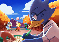  1girl 1other 3boys absurdres androgynous backwards_hat baseball_cap berdly_(deltarune) bird_boy black-framed_eyewear blue_hat blue_sky closed_mouth collared_shirt commentary_request day deltarune furry furry_female furry_male glasses hat highres holding holding_pencil jockington_(deltarune) lake long_sleeves monster_kid_(undertale) multiple_boys noelle_holiday open_mouth outdoors pencil picnic_table round_eyewear shirt short_sleeves sky smile snowdrake sunglasses sweat table tree utdr_(toby_fox) watawata22 white_shirt 