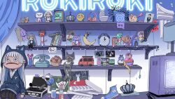  absurdres animal_ear_hood black_skirt blue_hoodie blue_shoes book cat character_doll clock corded_phone crescent crown doll headphones highres hood hood_up hoodie indie_virtual_youtuber jam kochira_yoto matryoshka_doll microphone no_humans phone photo_(object) sample_watermark shoes skirt stuffed_toy suitcase television toy toy_car user_kgnp3584 virtual_youtuber watermark 