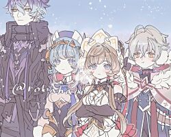  2boys 2girls ahoge alyosha_(genshin_impact) artist_name bare_shoulders black_bow black_hairband black_jacket black_pants black_shirt black_sleeves blue_eyes blue_hair blue_jacket blue_scarf blue_sky blunt_bangs blush bow breasts bright_pupils brown_cape brown_hair bullet cape chest_bow closed_mouth collared_jacket cowboy_shot day detached_collar detached_sleeves dress earmuffs empty_eyes flins_(genshin_impact) freckles frilled_dress frilled_hairband frilled_sleeves frills fur-trimmed_cape fur_trim gem genshin_impact green_hair hair_between_eyes hair_bow hairband hat heavy_breathing height_difference hood hooded_cape ineffa_(genshin_impact) jacket long_sleeves looking_to_the_side medium_breasts multiple_boys multiple_girls open_clothes open_jacket outdoors pants purple_hat red_gem robert_(robahato) sandrone_(genshin_impact) scarf shirt short_hair short_hair_with_long_locks sidelocks sky sleeveless sleeveless_dress snowing standing thigh_strap turtleneck turtleneck_shirt white_bow white_dress white_headdress white_pupils wide_sleeves wing_collar winter yellow_eyes 