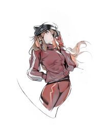  1girl absurdres animal_hat black_hat blue_eyes bodysuit brown_hair cat_hat cropped_legs evangelion:_3.0_you_can_(not)_redo eyepatch floating_hair hand_in_pocket hand_on_headwear hat highres jacket kanji_(nievart) long_hair long_sleeves looking_at_viewer mecha_pilot_suit neon_genesis_evangelion one_eye_covered parted_lips plugsuit_(evangelion) rebuild_of_evangelion red_bodysuit red_jacket simple_background solo souryuu_asuka_langley white_background 
