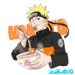  1boy blonde_hair blue_eyes character_name chopsticks commentary_request cropped_torso dated eating facial_mark food food_in_mouth forehead_protector highres holding holding_chopsticks holding_with_chopsticks konohagakure_symbol long_sleeves looking_at_viewer male_focus naruto_(series) naruto_shippuuden noodles one_eye_closed ramen short_hair solo spiky_hair upper_body uzumaki_naruto whisker_markings white_background ynmn_knh zipper_pull_tab 