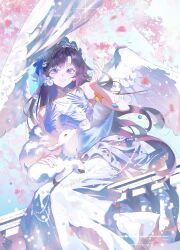  1girl absurdres animal_on_lap armlet baby_animal black_hair blue_dress bonnet bu_yao_xiang_xin_cai_hong_qiao cherry_blossoms curtained_hair day dress earrings eyelashes falling_petals feathered_wings hand_on_animal hand_up highres jewelry lamb long_dress long_hair meitantei_conan mouri_ran on_lap outdoors pearl_earrings petals pink_petals sheep sitting sleeveless sleeveless_dress smile solo sparkle very_long_hair violet_eyes water white_wings wings 