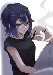  1girl absurdres akashi_(4kc_27) between_fingers black_shirt blue_hair breasts cigarette collarbone commentary_request face_piercing green_eyes hair_between_eyes hair_tie_on_wrist highres holding holding_cigarette jewelry knee_up labret_piercing looking_at_viewer mole mole_on_collarbone mole_under_eye necklace open_mouth original pants piercing ring shirt short_hair short_sleeves sidelocks smoke smoke_trail smoking solo t-shirt white_pants 
