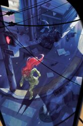  1girl batman_(series) coat commentary crosswalk dc_comics english_commentary from_above green_coat highres jessica_fong long_hair official_art orange_hair poison_ivy running solo textless_cover_page trash_bag 