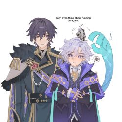 2boys ahoge ascot belt black_belt black_hair black_jacket black_shirt black_vest blue_scarf bright_pupils buttons cape chain closed_mouth collared_jacket collared_shirt constellation_print crossed_arms english_commentary english_text fur-trimmed_cape fur_trim gauntlets genshin_impact gold_trim grabbing_another's_hair grumpy hair_between_eyes hand_up height_difference highres holding_another's_hair jacket long_sleeves looking_at_another male_focus military_jacket military_uniform mitya_(genshin_impact) multicolored_jacket multiple_boys open_clothes open_jacket open_mouth popped_collar purple_hair purple_jacket purple_sash sad sash scarf shirt short_hair simple_background speech_bubble spoken_squiggle squiggle tearing_up teeth turtleneck turtleneck_shirt two-tone_jacket upper_body valeriy_(genshin_impact) vest violet_eyes wavy_hair white_ascot white_background white_cape white_pupils white_shirt xiaoventiggrr 