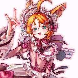 1boy :3 \m/ animal animal_ear_fluff animal_ears apron bishounen bow colored_eyelashes commentary_request cropped crossdressing crossdressing_(mtf) dress ear_ribbon english_commentary fang fox_boy fox_ears frilled_dress frilled_headwear frilled_sleeves frills green_eyes hair_between_eyes hair_ornament hairclip highres long_sleeves looking_at_viewer mixed-language_commentary mole mole_under_mouth multiple_hairclips nail_polish open_mouth opo54_illust orange_hair original pink_bow pink_dress pink_nails short_hair simple_background sleeve_bow smile solo tachi-e thick_eyebrows tongue trap upper_body white_background 