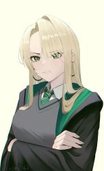  1girl artist_name black_coat blonde_hair cardigan clenched_teeth coat collared_shirt commentary crossed_arms curtained_hair earrings eyelashes genderswap genderswap_(mtf) green_eyes green_necktie grey_cardigan harry_potter_(series) highres hogwarts_school_uniform hoop_earrings jewelry kasa1563 long_hair long_sidelocks long_sleeves malfoid necktie parted_lips school_uniform shirt side_part sidelocks simple_background slit_pupils solo striped_clothes striped_necktie teeth two-sided_coat two-sided_fabric upper_body wizarding_world yellow_background 