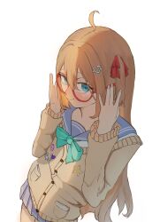  absurdres aqua_bow aqua_bowtie blue_sailor_collar bow bowtie cardigan freakynira hair_ornament heart heart_hair_ornament highres neuro-sama neuro-sama_(1st_costume) sailor_collar vedal987 vedal_ai 