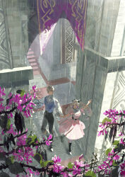 1boy 1girl absurdres ai-wa alternate_costume banner black_boots black_bow black_pants blonde_hair blue_vest boots bow brother_and_sister commentary day dress drill_hair elise_(fire_emblem) english_commentary european_architecture fence fire_emblem fire_emblem_fates flower flower_request footwear_bow full_body hair_bow highres indoors iron_fence leo_(fire_emblem_fates) long_sleeves medium_dress pants pink_dress pink_flower puffy_long_sleeves puffy_short_sleeves puffy_sleeves purple_flower rain short_sleeves siblings sleeves_past_wrists stairs tile_floor tiles tree twin_drills vest walking 