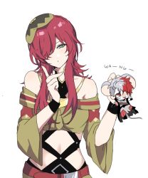  1boy 1girl animal_ears bare_shoulders belt beret blue_eyes dante_(fire_emblem) fecheeseball fire_emblem fire_emblem:_fortune's_weave green_robe hair_over_one_eye hat jester_(fire_emblem) midriff mouse_ears red_belt red_hair robe simple_background white_background 