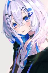  1girl alternate_hair_length_(longer) amane_kanata amane_kanata_(cutesy_punk) bear_hair_ornament black_collar black_jacket blue_eyes blue_hair blush collar colored_inner_hair crossed_bangs double-parted_bangs film_grain from_side grey_hair hair_between_eyes hair_ornament hairclip highres hololive hood hooded_jacket jacket lens_flare medium_hair missing_halo multicolored_hair multiple_hairclips official_alternate_costume official_alternate_hairstyle open_clothes open_jacket pink_streaks raised_eyebrows shirt sidelocks single_hair_intake solo streaked_hair sui._(suikun) tongue tongue_out upper_body virtual_youtuber wavy_hair white_shirt x_hair_ornament 