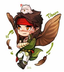  1boy bird black_hair character_name chibi chibi_only coat crossed_arms feather_necklace feh_(fire_emblem_heroes) fire_emblem fire_emblem:_radiant_dawn fire_emblem_heroes green_coat headband heart highres jewelry looking_to_the_side male_focus necklace owl pants red_headband scar scar_on_face silvercandy_gum solo_focus sweatdrop tibarn_(fire_emblem) white_pants wings 