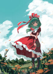  1girl blue_sky boots bow brown_boots chinese_commentary clouds commentary_request day dress flower frilled_bow frilled_dress frilled_ribbon frills full_body green_eyes green_hair hair_bow highres kagiyama_hina lace-up_boots long_hair looking_at_viewer orange_flower outdoors puffy_short_sleeves puffy_sleeves red_bow red_dress red_ribbon ribbon shijiu_(shizuoxing) short_sleeves sky solo touhou wrist_ribbon 