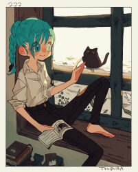 1girl 99_yen_(tsubura) against_wall aqua_eyes aqua_hair artist_name barefoot black_pants blush blush_stickers book book_stack border braid braided_ponytail cat cat_symbol closed_mouth collared_shirt commentary dated ear_blush fanged_bangs hair_tie hand_up highres holding holding_book knee_up long_hair looking_outside no_nose nose_blush on_windowsill original pants shirt sitting sleeves_rolled_up smile solo stuffed_animal stuffed_cat stuffed_toy white_border white_shirt window windowsill 
