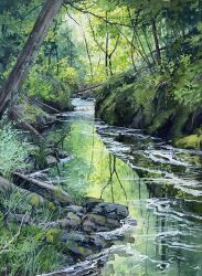  commentary day english_commentary forest highres kate_avery nature no_humans original outdoors photo-referenced reflection reflective_liquid river rock scenery tree 