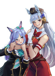  2girls absurdres animal_ears aqua_bow arm_around_neck armband black_jacket black_skirt blunt_bangs blush bow bowtie breasts brown_hat coat dress ear_bow ear_ribbon frilled_coat frilled_jacket frills ggz_(gguzal_95) gloves gold_ship_(red_strife)_(umamusume) gold_ship_(umamusume) grey_hair grin hat highres horse_ears horse_girl horse_tail jacket large_breasts long_hair long_sleeves mejiro_mcqueen_(frontline_elegance)_(umamusume) mejiro_mcqueen_(umamusume) multiple_girls open_mouth pillbox_hat purple_hair red_bow red_dress shirt simple_background skirt sleeveless sleeveless_dress smile striped_armband striped_clothes striped_shirt tail teeth umamusume v violet_eyes white_background white_gloves 