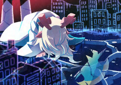  1girl 1other absurdres androgynous animal_ears antlers armored_boots blonde_hair boots city cloak commentary_request deer_ears deltarune furry furry_female highres horns ice kris_(dark_world)_(deltarune) kris_(deltarune) long_hair long_sleeves noelle_holiday noelle_holiday_(dark_world) reindeer_antlers reindeer_girl standing utdr_(toby_fox) watawata22 white_cloak 