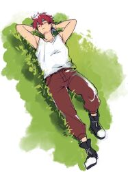  1boy arms_behind_head arms_up black_shoes blue_headband brown_pants closed_eyes closed_mouth commentary_request double-parted_bangs dutch_angle fields_of_mistria frown gr_cr26 grass hair_between_eyes headband highres lying male_focus march_(fields_of_mistria) on_back pants red_hair shirt shoes short_hair sleeveless sleeveless_shirt solo very_short_hair white_background white_shirt 