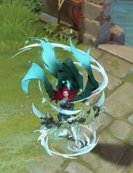  1girl alt_text aqua_butterfly aqua_cape aqua_shirt armor barefoot bow_(weapon) breasts bug butterfly butterfly_necklace cape closed_mouth commentary concept_art dongho_kang dota_(series) dota_2 english_commentary facial_mark floating_cape floating_hair from_above full_body game_screenshot_background glowing_feet grass green_eyes half_chest_guard highres holding holding_bow_(weapon) holding_weapon light_particles lips long_hair looking_to_the_side medium_breasts nose official_art pauldrons red_hair screenshot_background shirt shoulder_armor single_pauldron sketch solo standing stone_floor weapon wind windranger_(dota) 