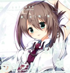  1girl :3 aqua_eyes arm_up artist_name blush brown_hair capelet collared_shirt commentary_request cross cross_print folded_ponytail hair_between_eyes heart highres imoe_(1017933989) kita_high_school_uniform_(subarashiki_hibi) looking_at_viewer medium_hair necktie parted_lips print_necktie red_necktie school_uniform shirt sidelocks simple_background smile solo subarashiki_hibi tachibana_kimika twitter_username upper_body white_background white_capelet white_shirt 