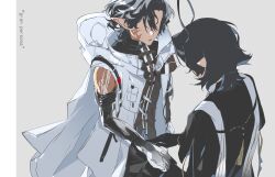  2boys absurdres arknights black_gloves black_hair black_shirt chinese_commentary commentary_request facing_another gloves grey_background highres holding_another's_arm homebound_(arknights) hood hooded_jacket jacket male_focus miandao multiple_boys no_eyes pointy_ears prosthesis prosthetic_arm scar scar_on_arm scar_on_face shirt short_hair sleeveless sleeveless_jacket white_jacket 