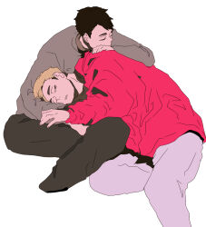  2boys black_hair black_pants blonde_hair brothers closed_eyes commentary_request grey_background grey_pants grey_sweater haikyuu!! hand_on_another's_back hood hood_down hoodie invisible_chair lap_pillow long_sleeves male_focus miya_atsumu miya_osamu multicolored_hair multiple_boys pants parted_lips red_hoodie short_hair short_sideburns siblings sideburns simple_background sitting sweater twins two-tone_hair very_short_hair y_kabara 