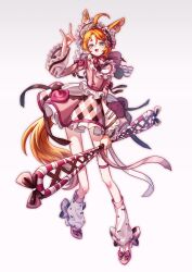  1boy :3 \m/ animal animal_ear_fluff animal_ears apron bishounen bow colored_eyelashes commentary_request crossdressing crossdressing_(mtf) dress ear_ribbon english_commentary fang fox_boy fox_ears fox_tail frilled_dress frilled_headwear frilled_sleeves frills full_body gradient_background green_eyes grey_background hair_between_eyes hair_ornament hairclip high_heels highres holding leg_warmers long_sleeves looking_at_viewer mixed-language_commentary mole mole_under_mouth multiple_hairclips nail_polish open_mouth opo54_illust orange_hair original pink_bow pink_dress pink_nails pink_shoes pumps shoes short_dress short_hair simple_background sleeve_bow smile solo tachi-e tail thick_eyebrows tongue trap two-tone_background white_background white_leg_warmers 