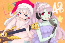  2girls blue_eyes colored_skin commentary_request dress earrings electric_guitar frilled_dress frills fur-trimmed_headwear fur_trim green_skin guitar hat headphones heart heart_earrings highres holding holding_guitar holding_instrument holding_microphone holding_microphone_stand instrument jewelry kumapopo latale long_hair looking_at_viewer microphone microphone_stand multiple_girls open_mouth orange_background pink_shirt playing_instrument pom_pom_(clothes) purple_dress red_eyes red_hat shirt smile star-shaped_pupils star_(symbol) symbol-shaped_pupils upper_body white_hair 